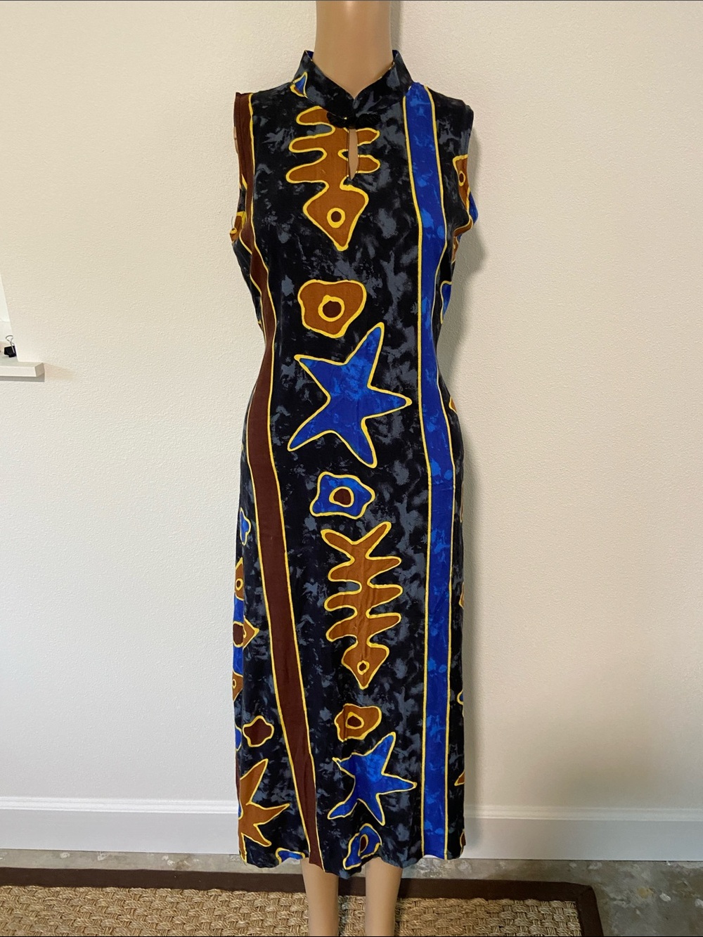 VTG 80-90’s Sleeveless Maxi Dress in Black with Blue & Brown Abstract Motifs